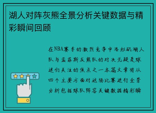 湖人对阵灰熊全景分析关键数据与精彩瞬间回顾